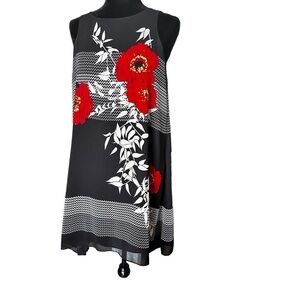 Max Studio black & red chiffon shift dress w/ flowers, bambo design XS